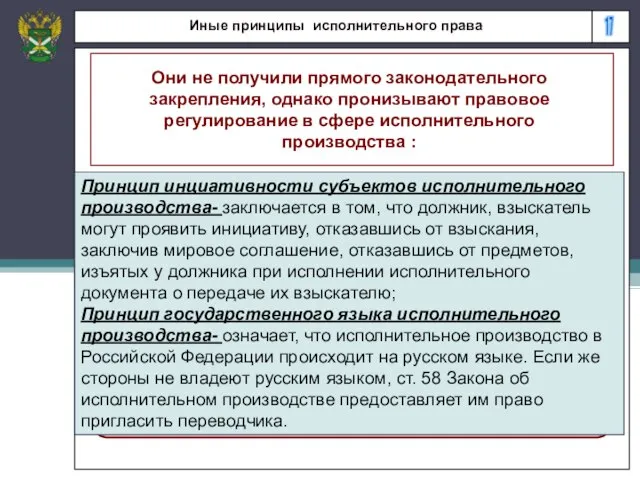 17 Иные принципы исполнительного права Они не получили прямого законодательного закрепления, однако