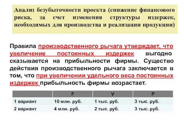 Правила производственного рычага утверждает, что увеличение постоянных издержек выгодно сказывается на прибыльности