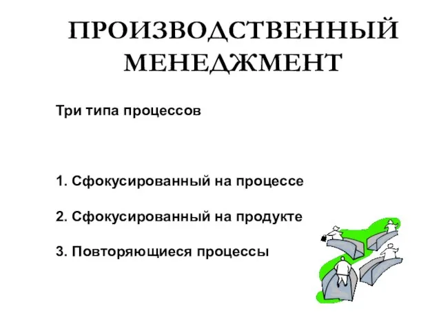 ПРОИЗВОДСТВЕННЫЙ МЕНЕДЖМЕНТ Три типа процессов 1. Сфокусированный на процессе 2. Сфокусированный на продукте 3. Повторяющиеся процессы