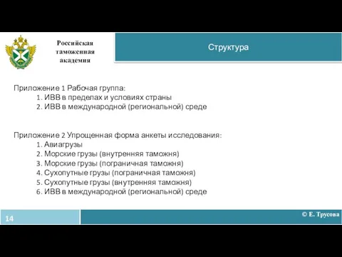 Структура Российская таможенная академия Приложение 1 Рабочая группа: 1. ИВВ в пределах