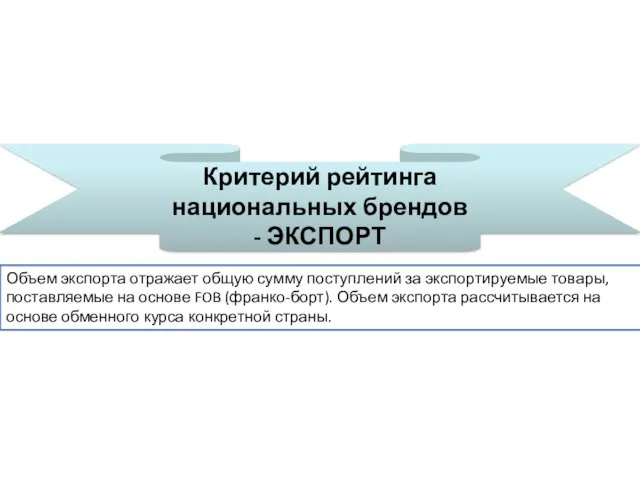 Критерий рейтинга национальных брендов - ЭКСПОРТ Объем экспорта отражает общую сумму поступлений