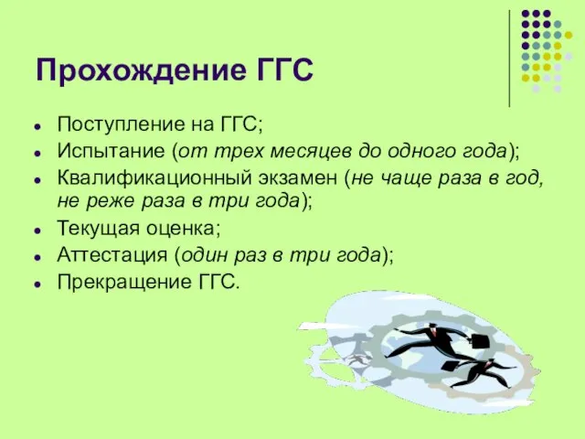 Прохождение ГГС Поступление на ГГС; Испытание (от трех месяцев до одного года);