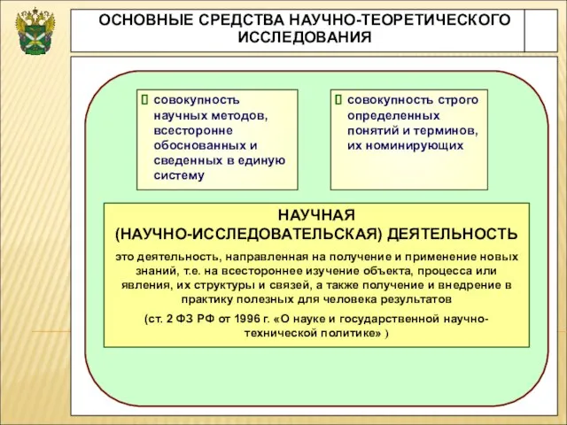 ОСНОВНЫЕ СРЕДСТВА НАУЧНО-ТЕОРЕТИЧЕСКОГО ИССЛЕДОВАНИЯ совокупность научных методов, всесторонне обоснованных и сведенных в