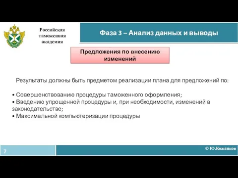 Результаты должны быть предметом реализации плана для предложений по: • Совершенствованию процедуры