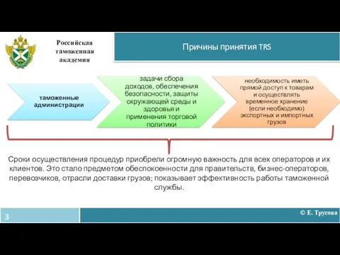 Причины принятия TRS Российская таможенная академия © Е. Трусова Сроки осуществления процедур