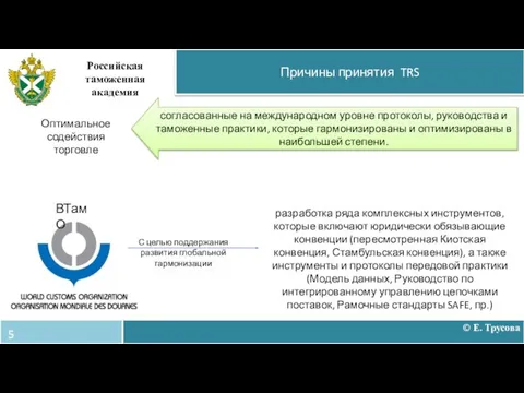 Причины принятия TRS Российская таможенная академия разработка ряда комплексных инструментов, которые включают