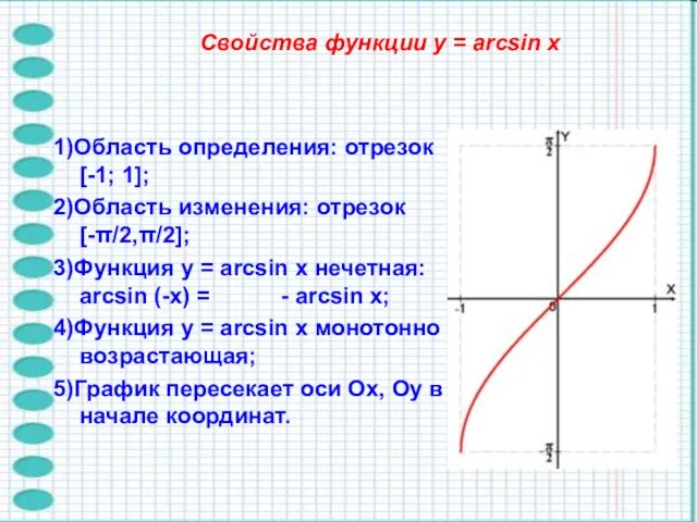 Свойства функции y = arcsin x 1)Область определения: отрезок [-1; 1]; 2)Область