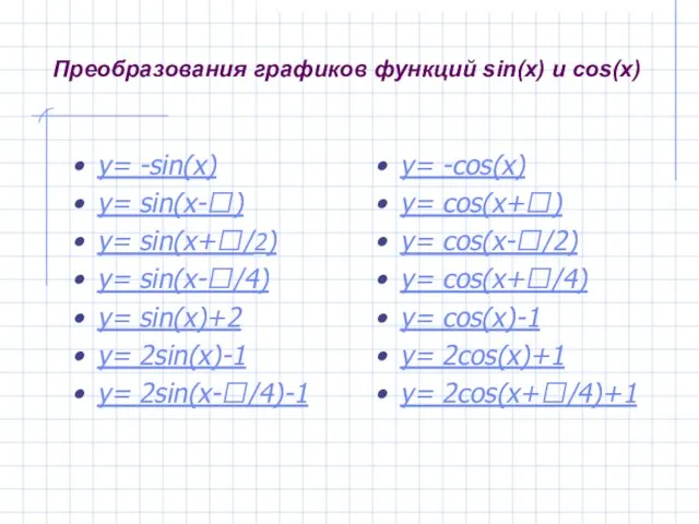 Преобразования графиков функций sin(x) и cos(x) y= -sin(x) y= sin(x-) y= sin(x+/2)