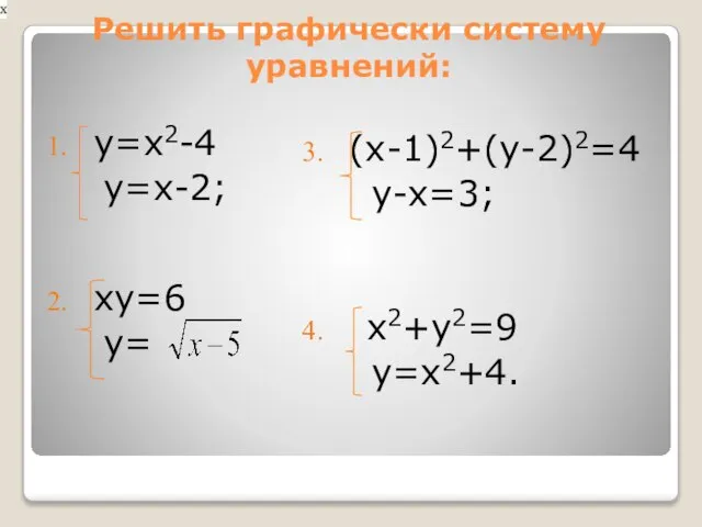 Решить графически систему уравнений: у=х2-4 у=х-2; ху=6 у= (х-1)2+(у-2)2=4 у-х=3; х2+у2=9 у=х2+4.