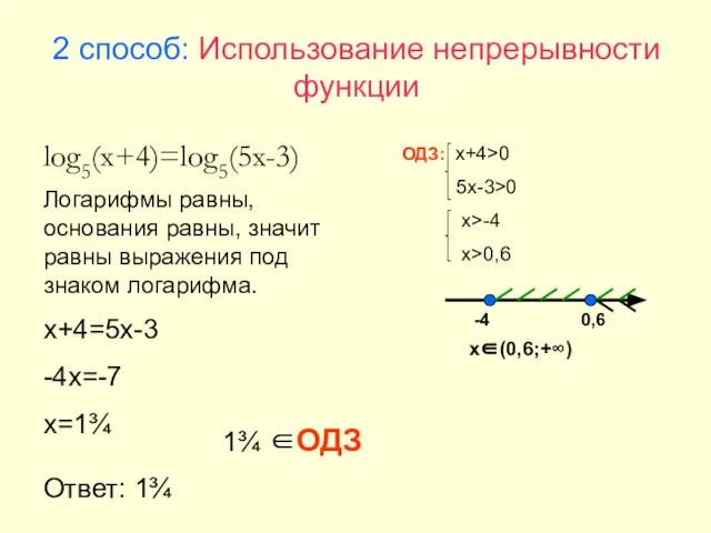 2 способ: Использование непрерывности функции log5(x+4)=log5(5x-3) Логарифмы равны, основания равны, значит равны