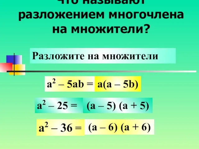 Что называют разложением многочлена на множители? a2 – 5ab = a2 –