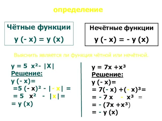 y = 7x +x³ Решение: y (- x)= = 7(- x) +(-