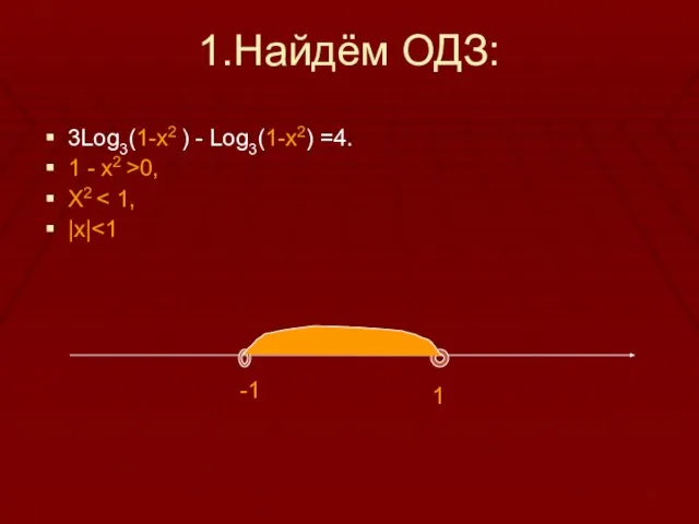 1.Найдём ОДЗ: 3Log3(1-x2 ) - Log3(1-x2) =4. 1 - x2 >0, X2 |x| -1 1