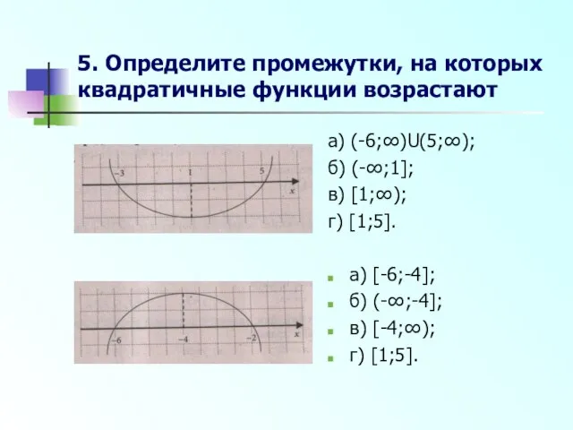 5. Определите промежутки, на которых квадратичные функции возрастают а) (-6;∞)U(5;∞); б) (-∞;1];