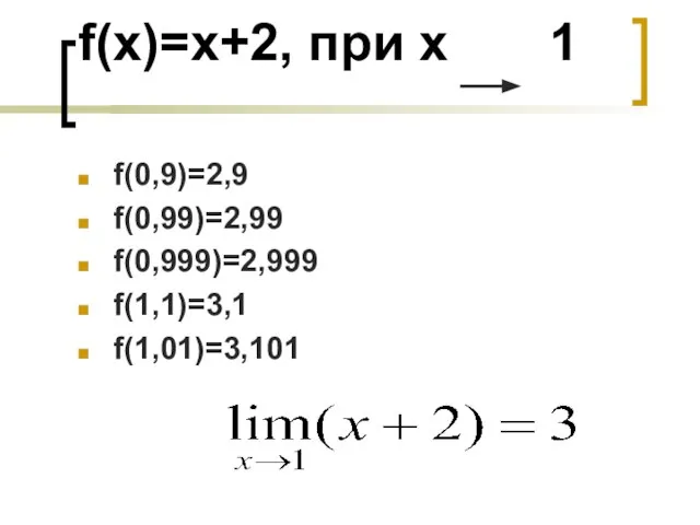 f(x)=x+2, при х 1 f(0,9)=2,9 f(0,99)=2,99 f(0,999)=2,999 f(1,1)=3,1 f(1,01)=3,101