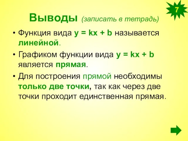 Выводы (записать в тетрадь) Функция вида у = kx + b называется