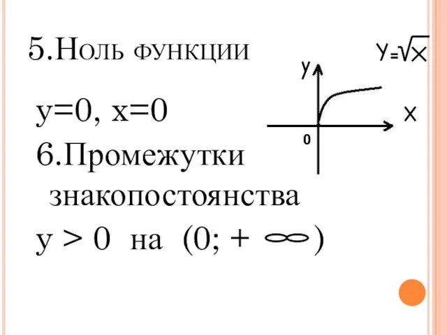 5.Ноль функции y=0, x=0 6.Промежутки знакопостоянства y > 0 на (0; + ) 0
