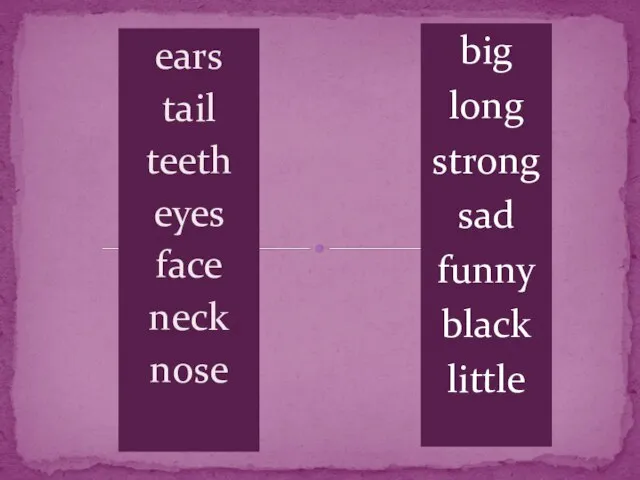 ears tail teeth eyes face neck nose big long strong sad funny black little