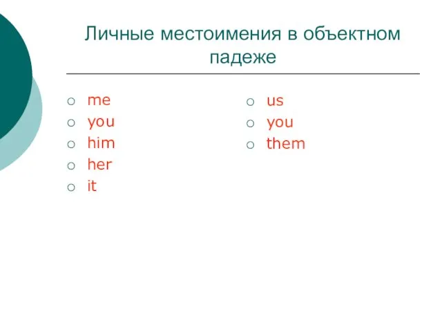 Личные местоимения в объектном падеже me you him her it us you them