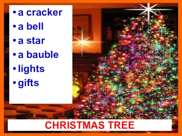 CHRISTMAS TREE a cracker a bell a star a bauble lights gifts