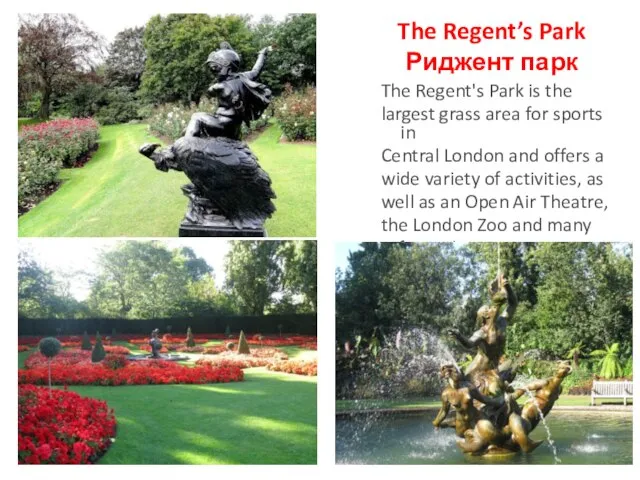 The Regent’s Park Риджент парк The Regent's Park is the largest grass