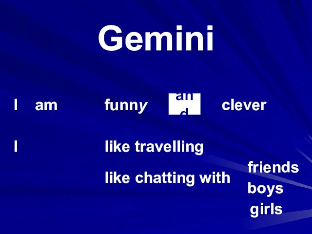 Gemini I am I funny clever like travelling and like chatting with friends boys girls