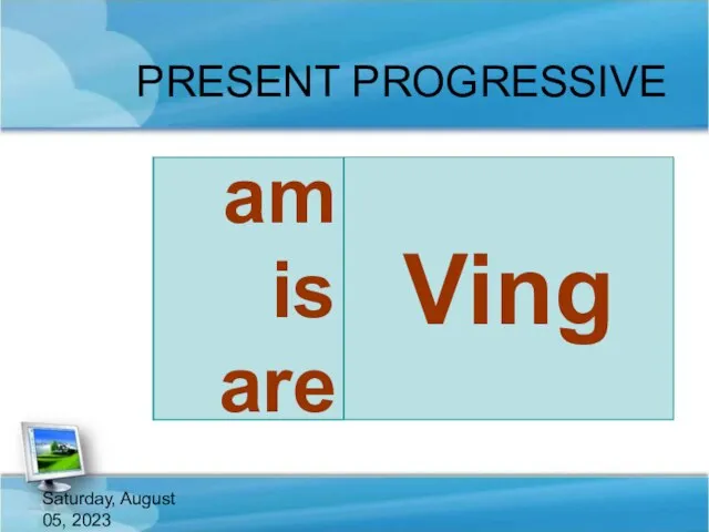 Saturday, August 05, 2023 PRESENT PROGRESSIVE Ving be am is are