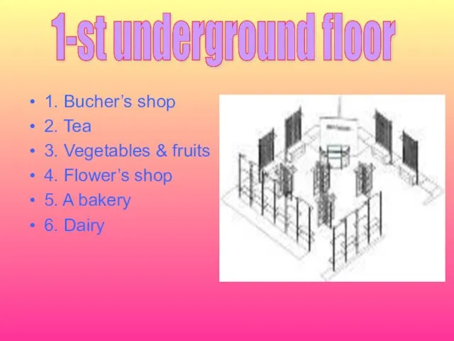 1. Bucher’s shop 2. Tea 3. Vegetables & fruits 4. Flower’s shop