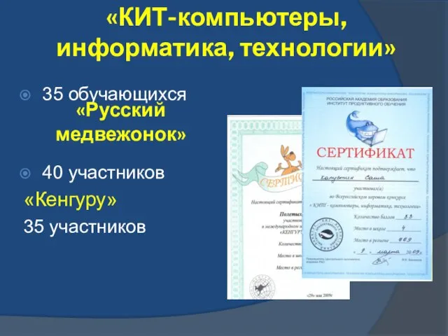 «КИТ-компьютеры, информатика, технологии» 35 обучающихся 40 участников «Кенгуру» 35 участников «Русский медвежонок»