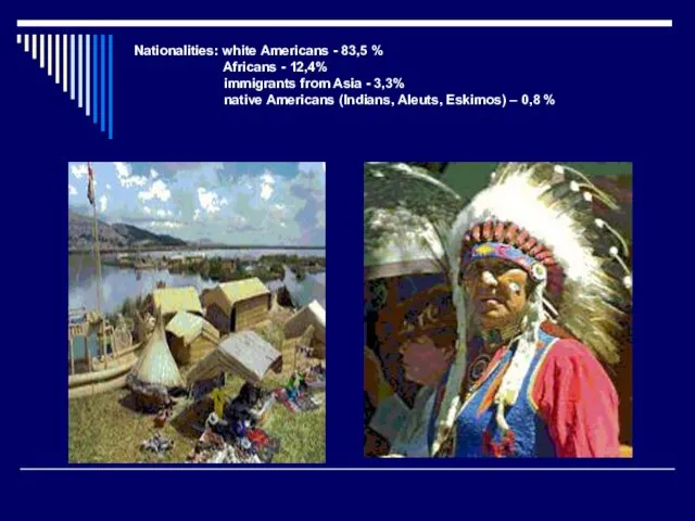 Nationalities: white Americans - 83,5 % Africans - 12,4% immigrants from Asia