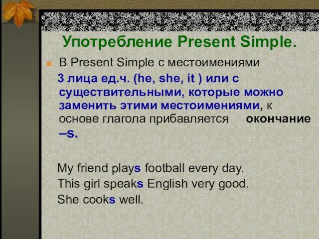 Употребление Present Simple. В Present Simple c местоимениями 3 лица ед.ч. (he,