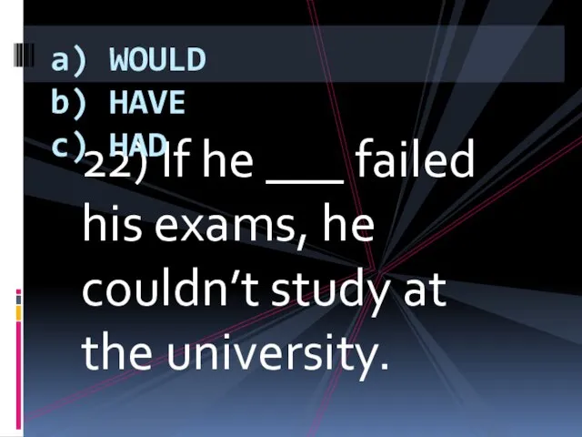 22) If he ___ failed his exams, he couldn’t study at the