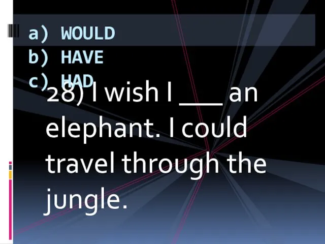 28) I wish I ___ an elephant. I could travel through the