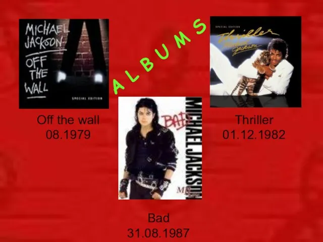 A L B U M S Off the wall 08.1979 Thriller 01.12.1982 Bad 31.08.1987