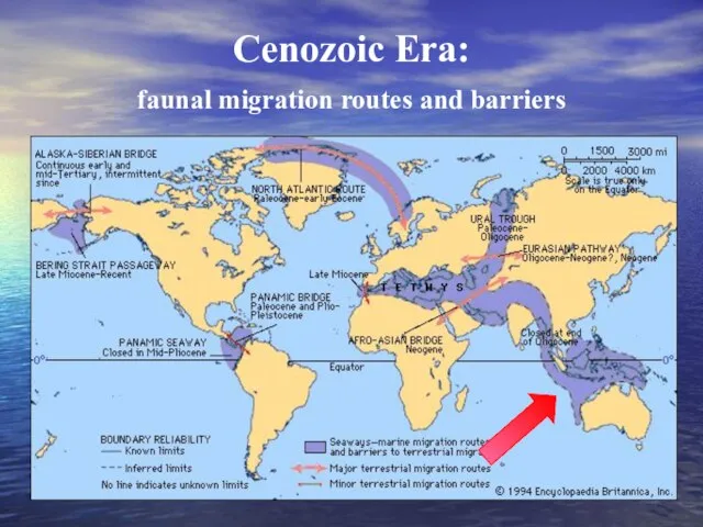 Cenozoic Era: faunal migration routes and barriers