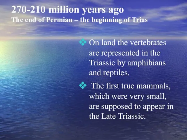 270-210 million years ago The end of Permian – the beginning of