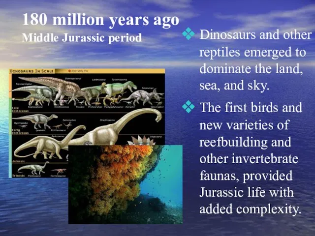 180 million years ago Middle Jurassic period Dinosaurs and other reptiles emerged