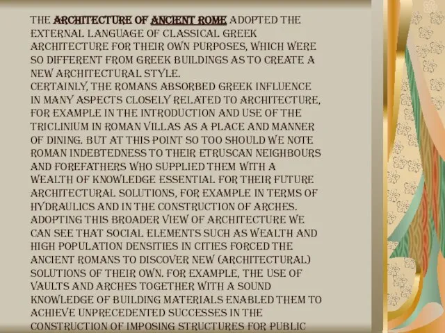 The Architecture of Ancient Rome adopted the external language of classical Greek