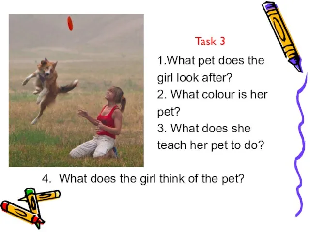 Task 3 1.What pet does the girl look after? 2. What colour