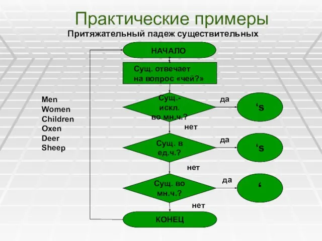 Практические примеры Сущ.-искл. во мн.ч.? КОНЕЦ Сущ. в ед.ч.? Сущ. во мн.ч.?