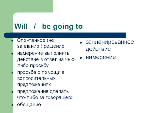Will / be going to Спонтанное (не запланир.) решение намерение выполнить действие