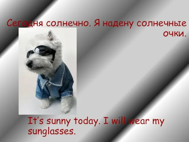 Сегодня солнечно. Я надену солнечные очки. It’s sunny today. I will wear my sunglasses.