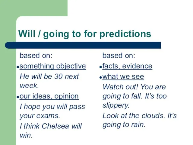Will / going to for predictions based on: something objective He will