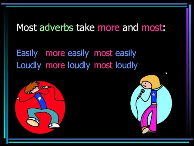 Most adverbs take more and most: Easily more easily most easily Loudly more loudly most loudly