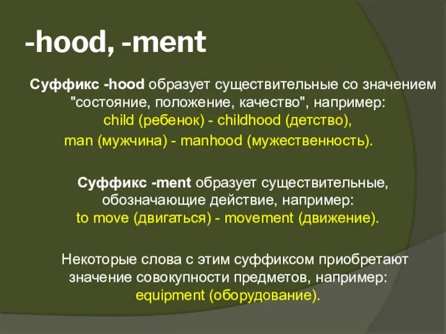 -hood, -ment Суффикс -hood образует существительные со значением "состояние, положение, качество", например: