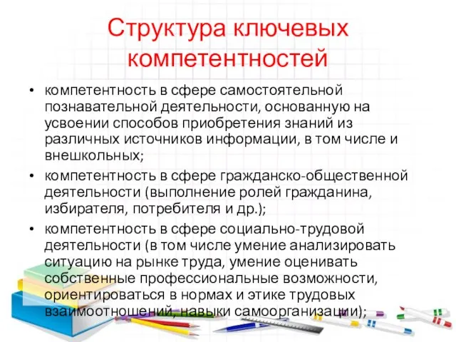 Структура ключевых компетентностей компетентность в сфере самостоятельной познавательной деятельности, основанную на усвоении