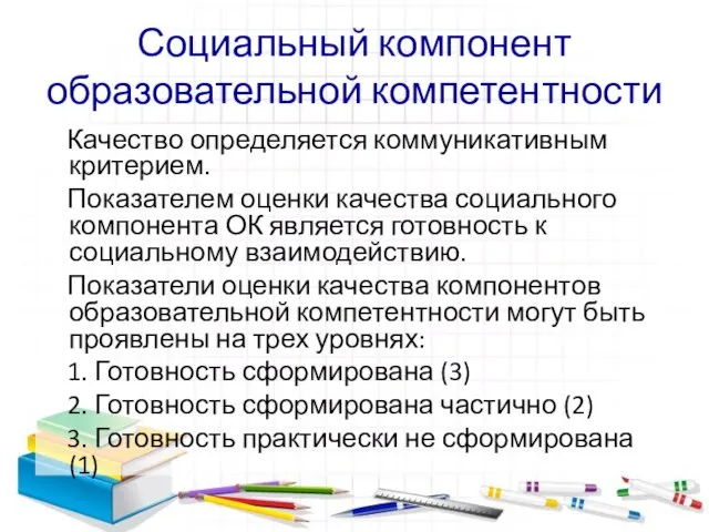 Социальный компонент образовательной компетентности Качество определяется коммуникативным критерием. Показателем оценки качества социального