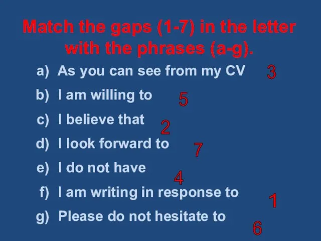 Match the gaps (1-7) in the letter with the phrases (a-g). As