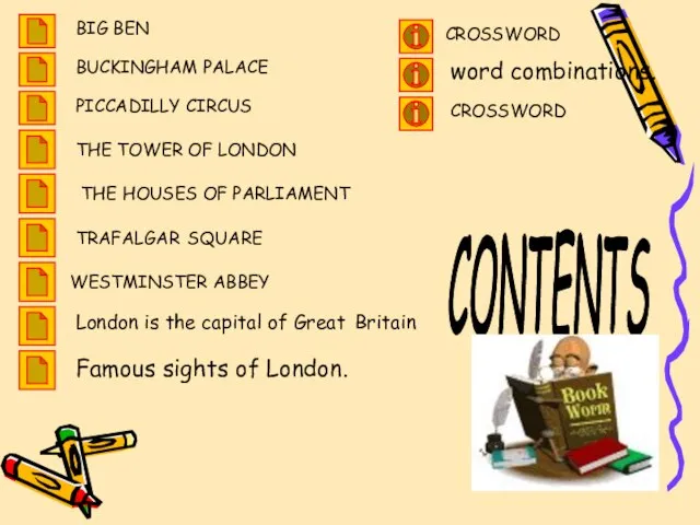 BIG BEN BUCKINGHAM PALACE PICCADILLY CIRCUS THE HOUSES OF PARLIAMENT THE TOWER