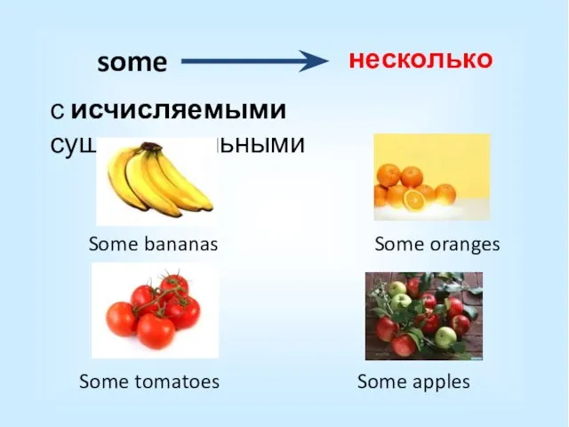 с исчисляемыми существительными несколько some Some bananas Some tomatoes Some oranges Some apples